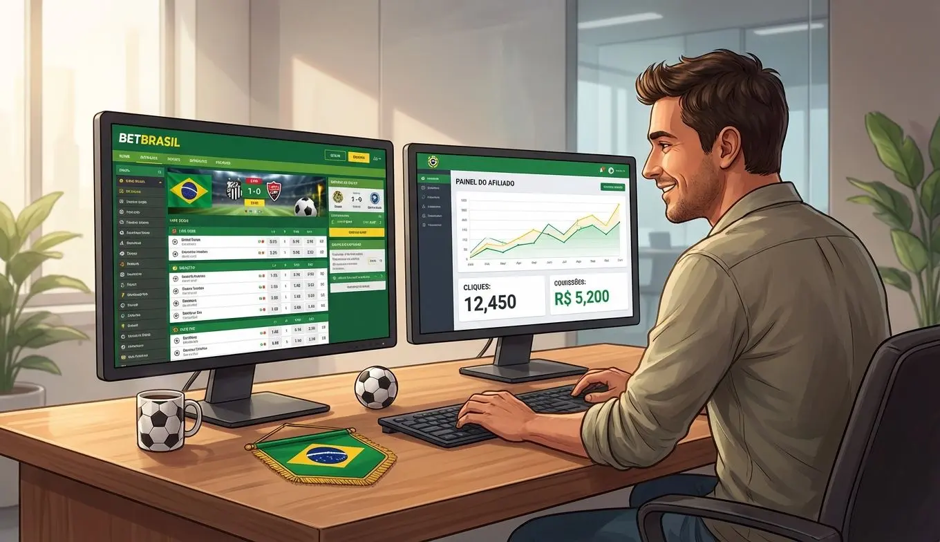 Afiliado analisando painel de performance de apostas esportivas no computador