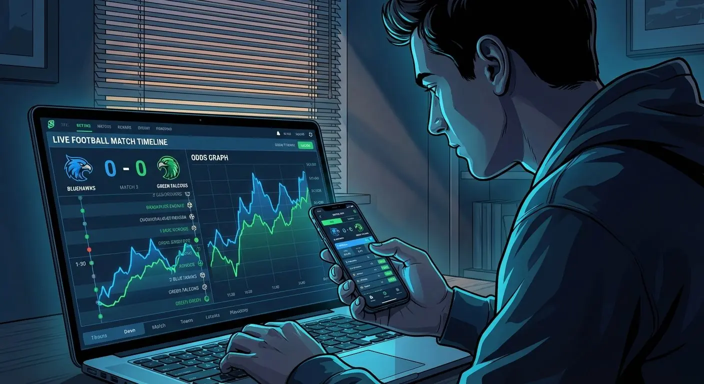 Interface de apostas ao vivo com linha do tempo de jogo e odds variando