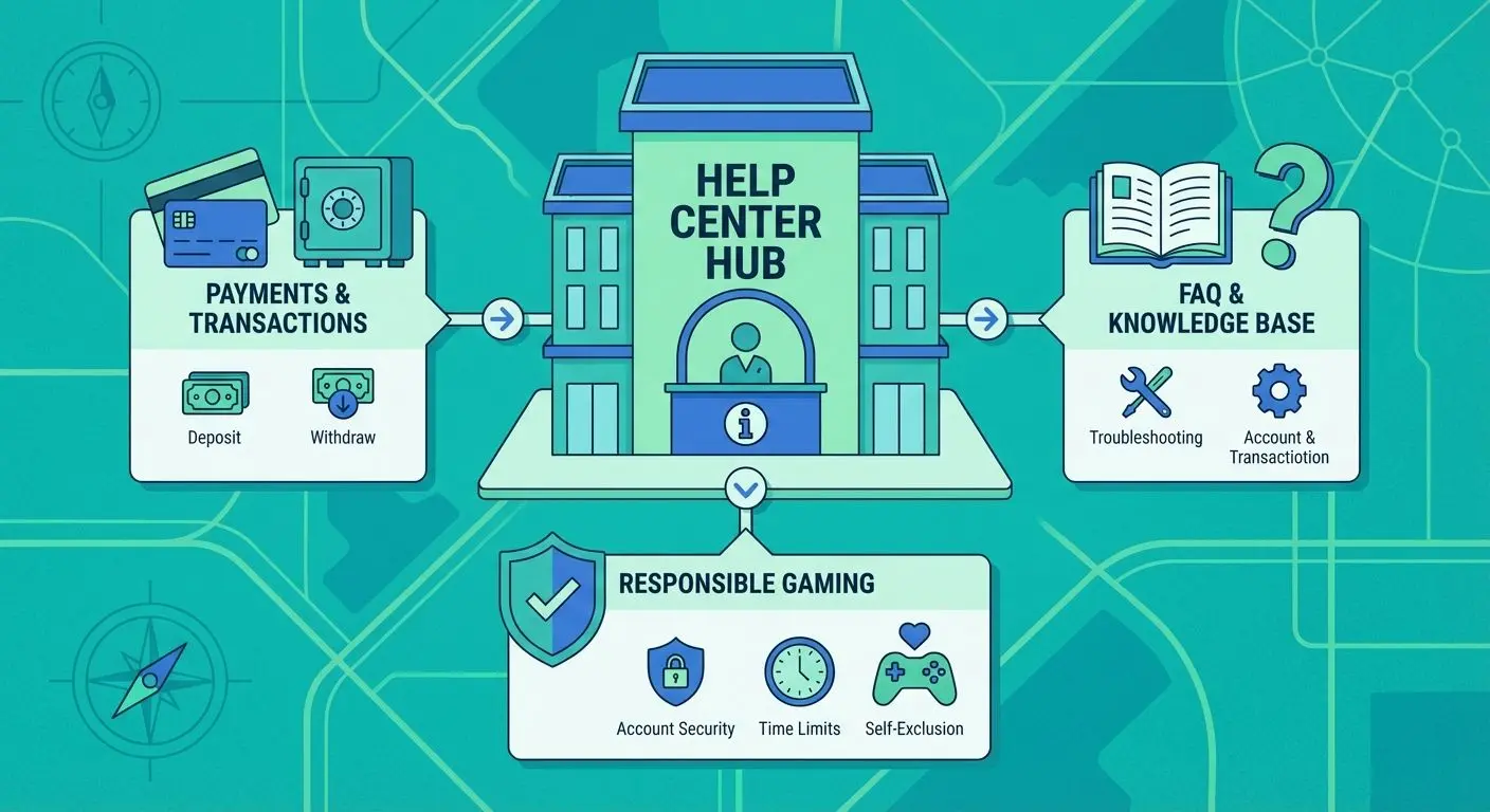 Mapa ilustrativo com atalhos para pagamentos, FAQ e jogo responsável