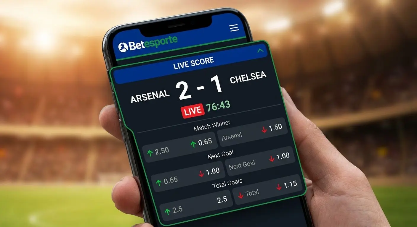 Cartão de evento ao vivo com placar, tempo de jogo e odds atualizadas