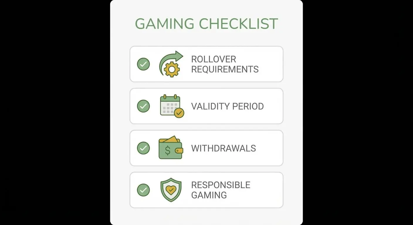Checklist visual com ícones de rollover, validade e saque de bônus