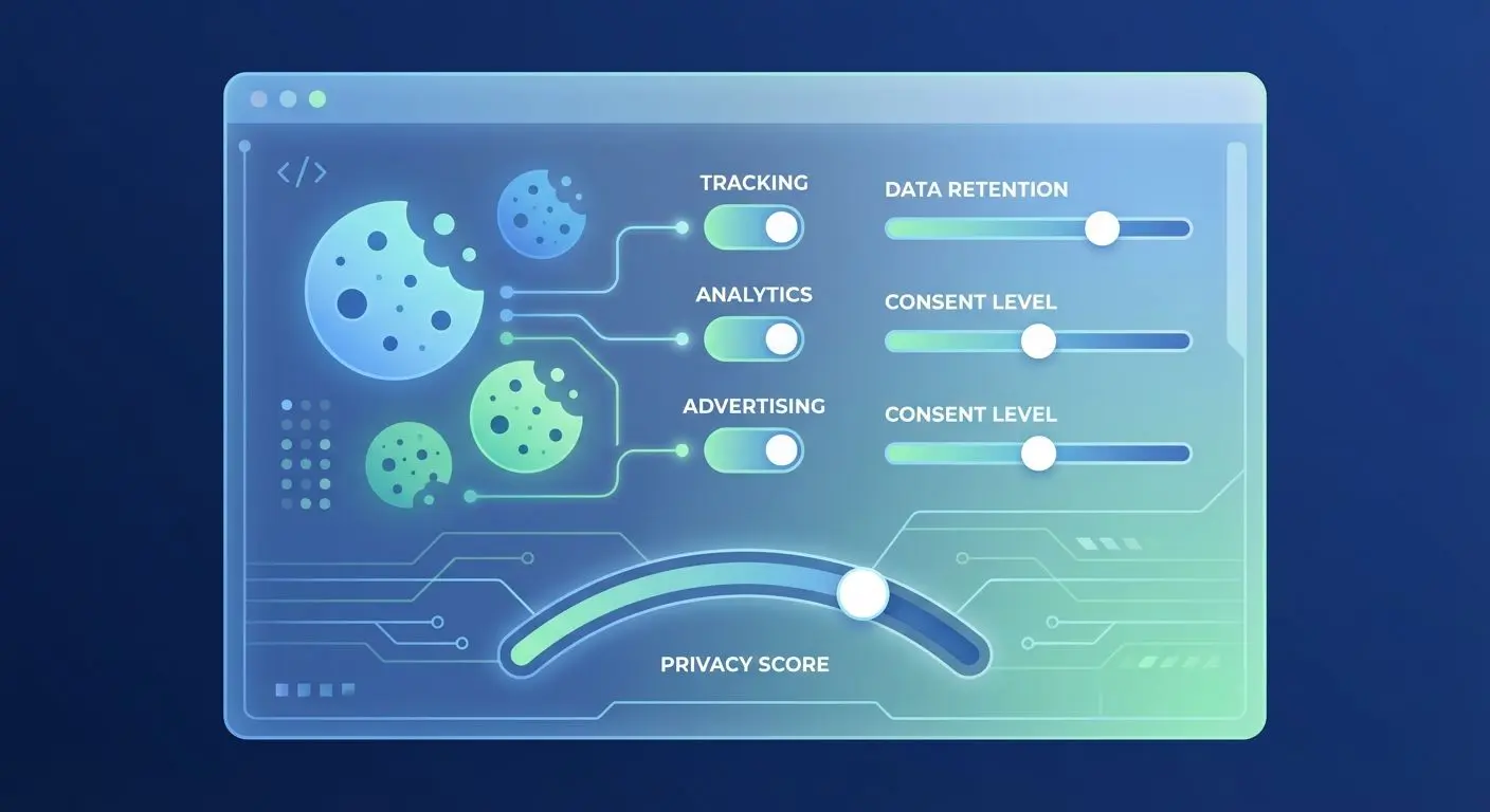 Painel com ícones de cookies e botões de preferência de privacidade