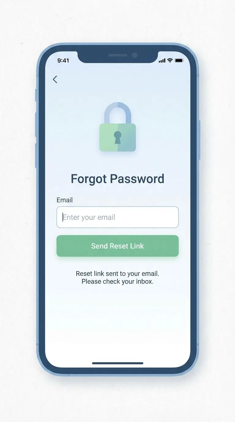 Tela de celular com opção esqueci minha senha e redefinição via e-mail