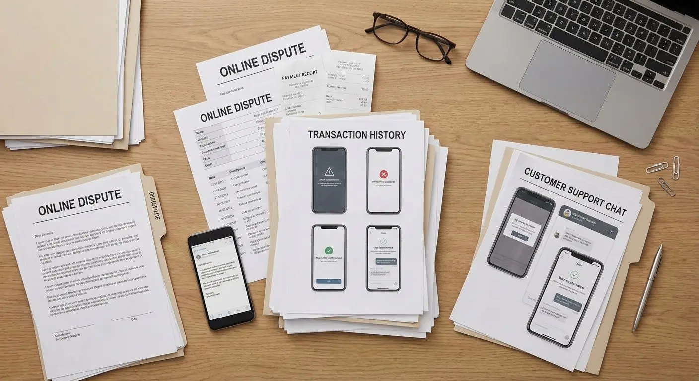 Documentos, comprovantes e prints organizados como evidências para reclamação