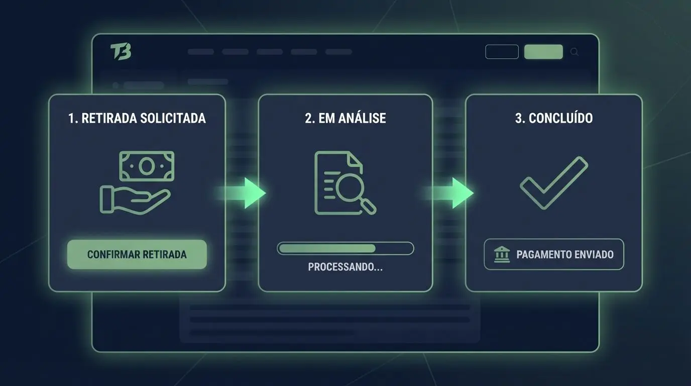 Fluxo ilustrado do saque com etapas de solicitado, em análise e concluído