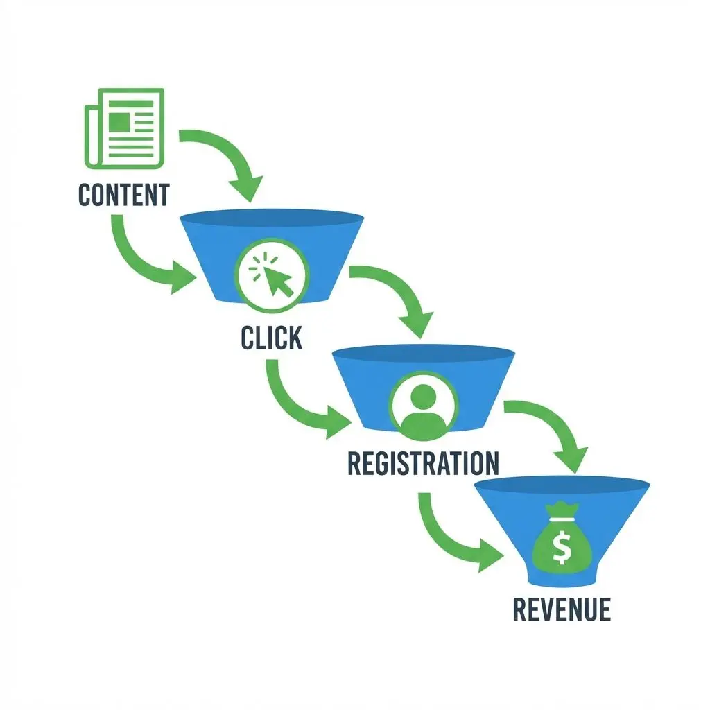 Funil de afiliados mostrando etapas de conteúdo, clique, registro e receita