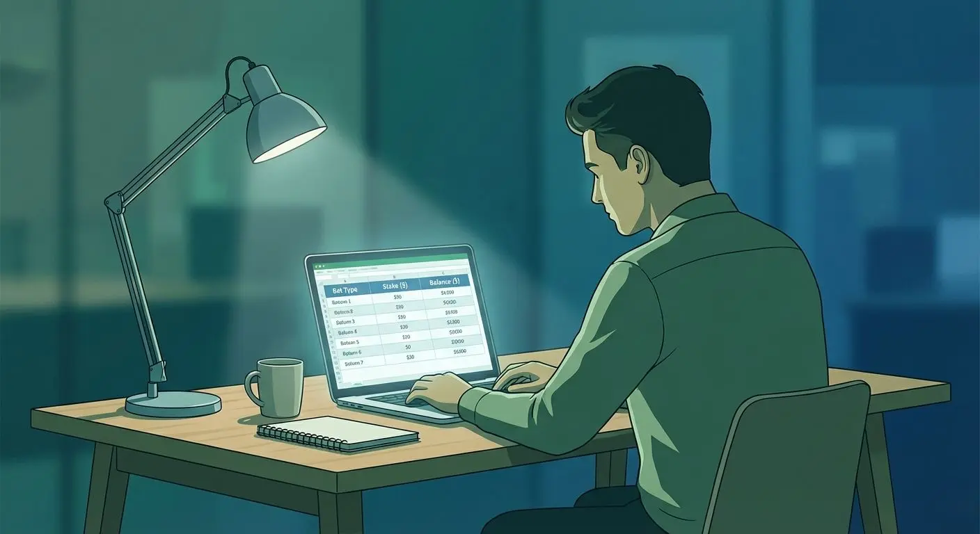 Apostador controlando gestão de banca em planilha simples no notebook