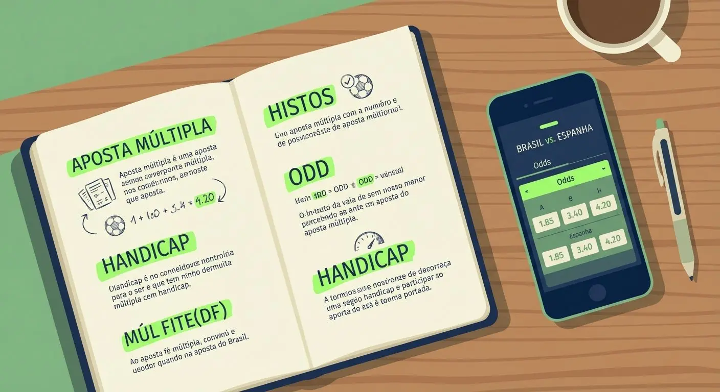 Ilustração de glossário de apostas ao lado de celular com odds de futebol