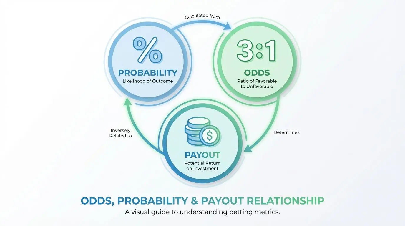 Infográfico simples ligando odds, probabilidade e payout em apostas