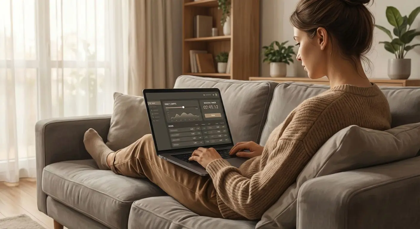 Pessoa ajustando limites de jogo responsável em site de apostas no notebook