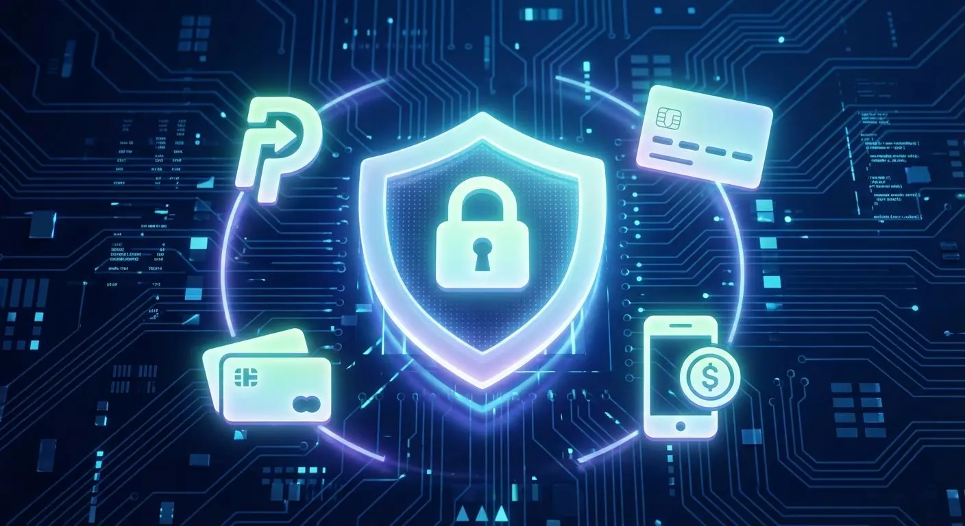 Ícones de Pix, cartão e carteira digital com escudo de segurança ao centro