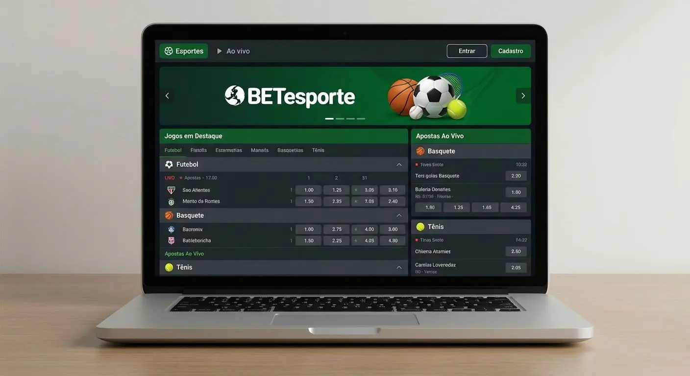 Tela inicial de site de apostas com menus Esportes, Ao vivo, Entrar e Cadastro