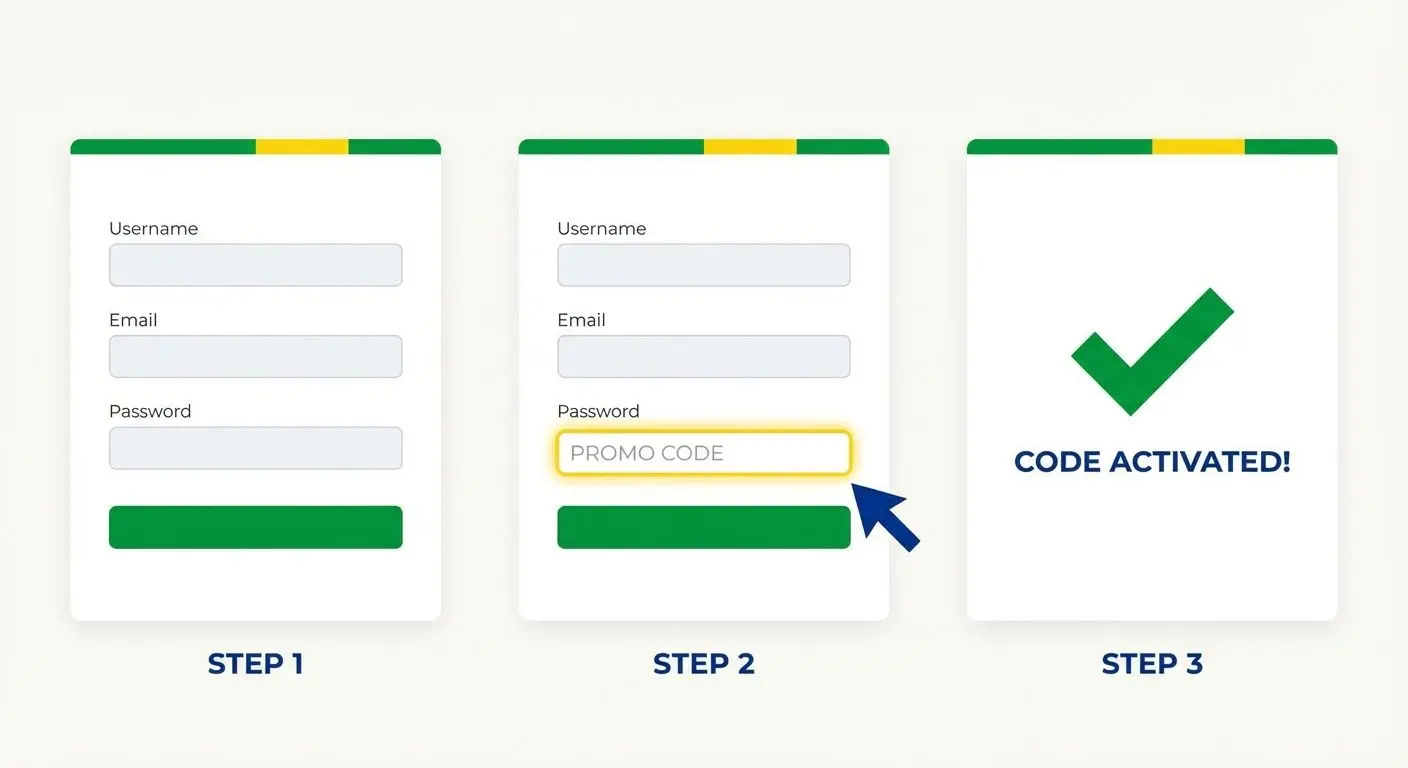 Ilustração mostrando ativação passo a passo de cupom de apostas