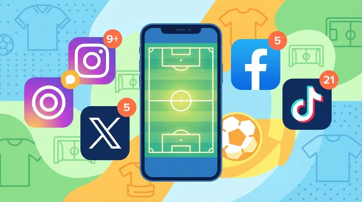 Celular com ícones de redes sociais ao redor e elementos de futebol