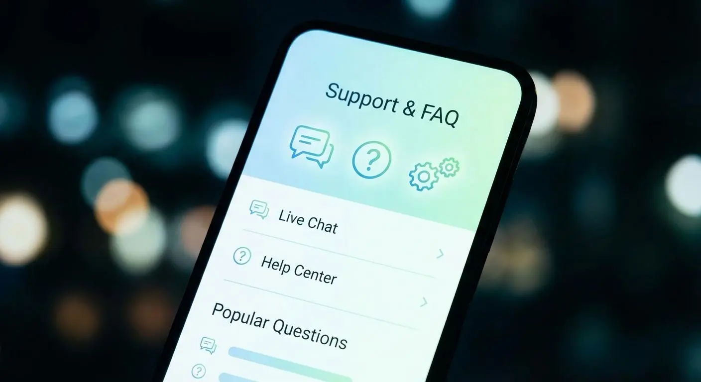 Tela de suporte e FAQ dentro de um app de apostas esportivas
