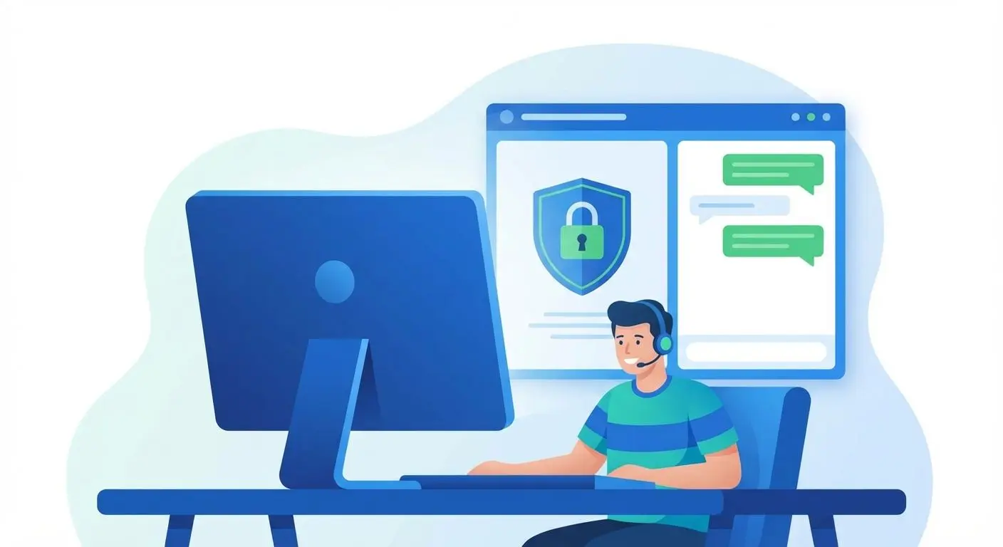 Atendente de suporte ao cliente ao lado de ícone de cadeado de segurança