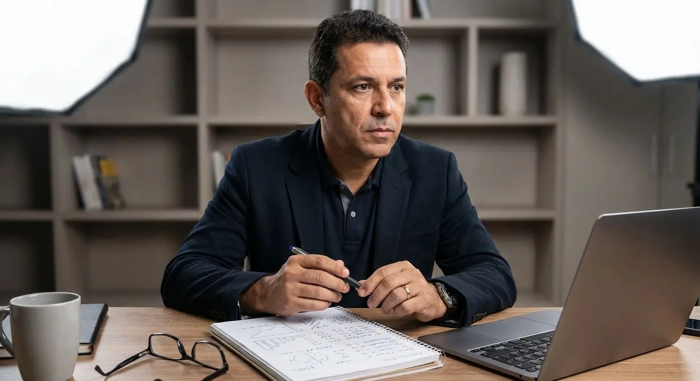 Analista de apostas esportivas em frente a notebook com gráficos simples