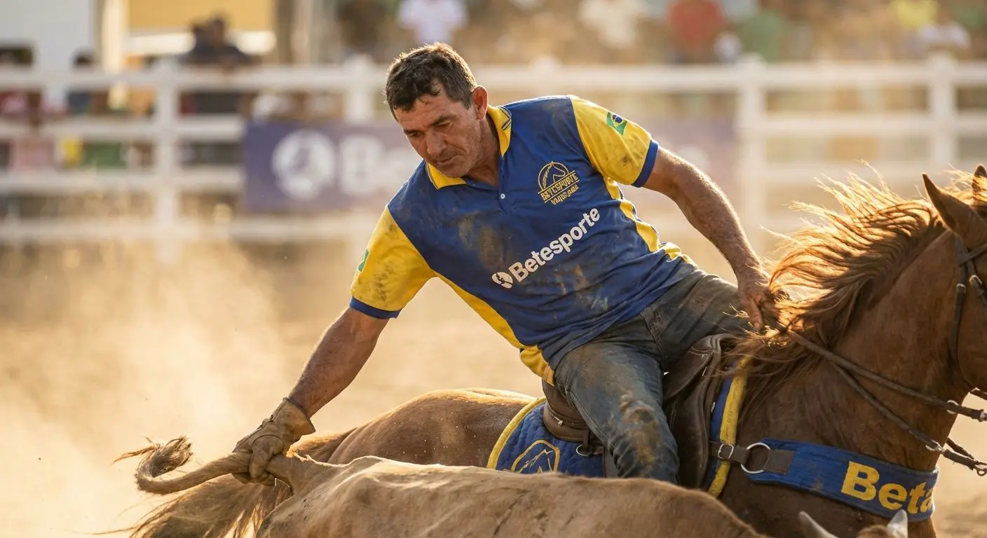 Vaqueiro em ação na arena vestindo camisa Betesporte para vaquejada