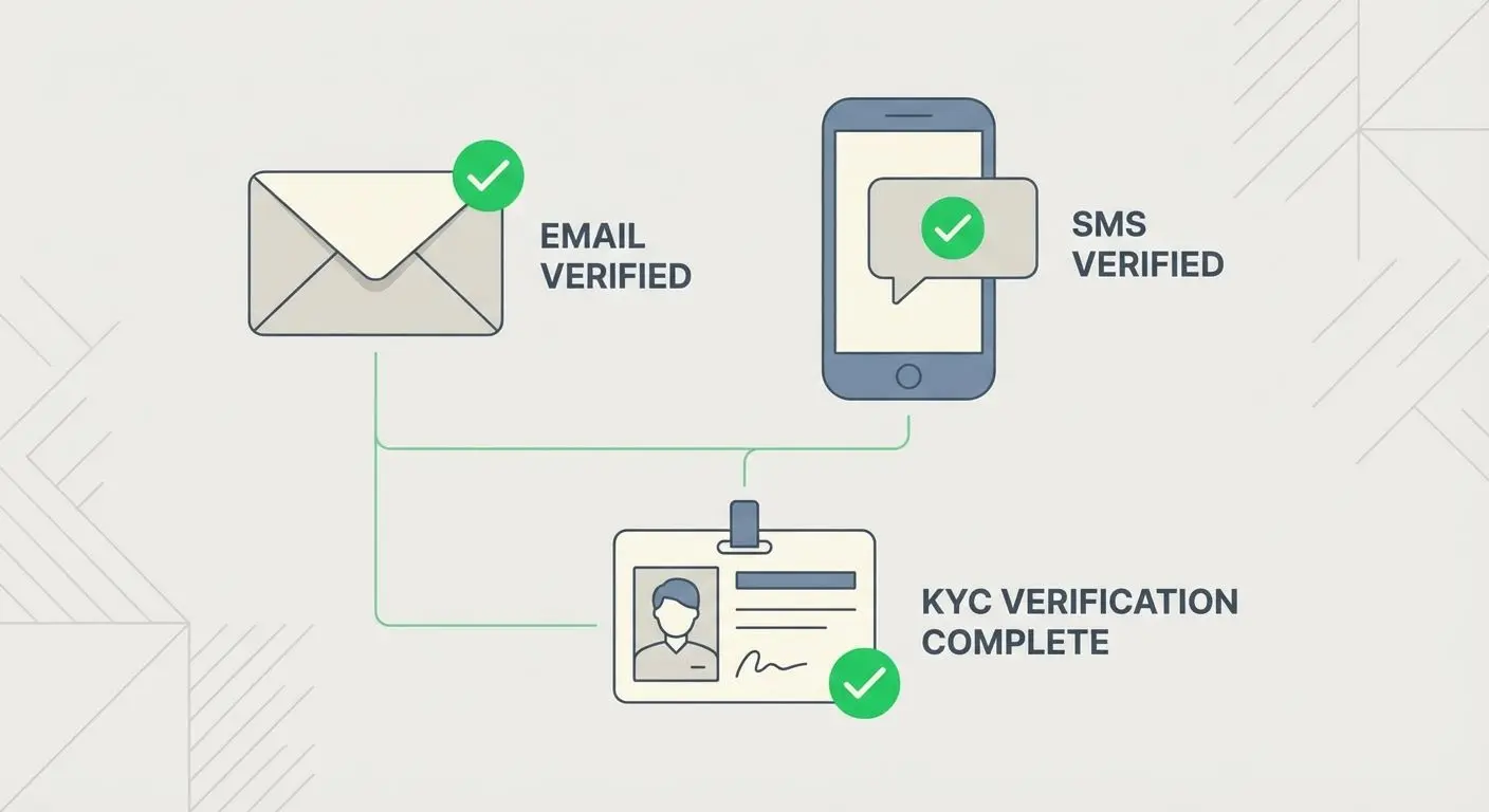 Infográfico de confirmação por e-mail, SMS e verificação de conta KYC